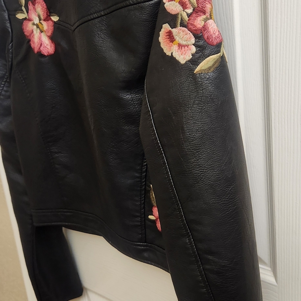 Jessica Simpson Black Leather Jacket with Pink Floral Embroidery - Picture 9 of 9